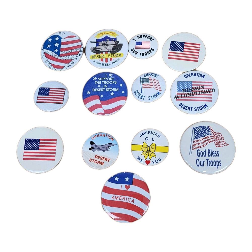 Vintage Pinback Buttons Desert Storm Military Patriotic USA Lot Of 13